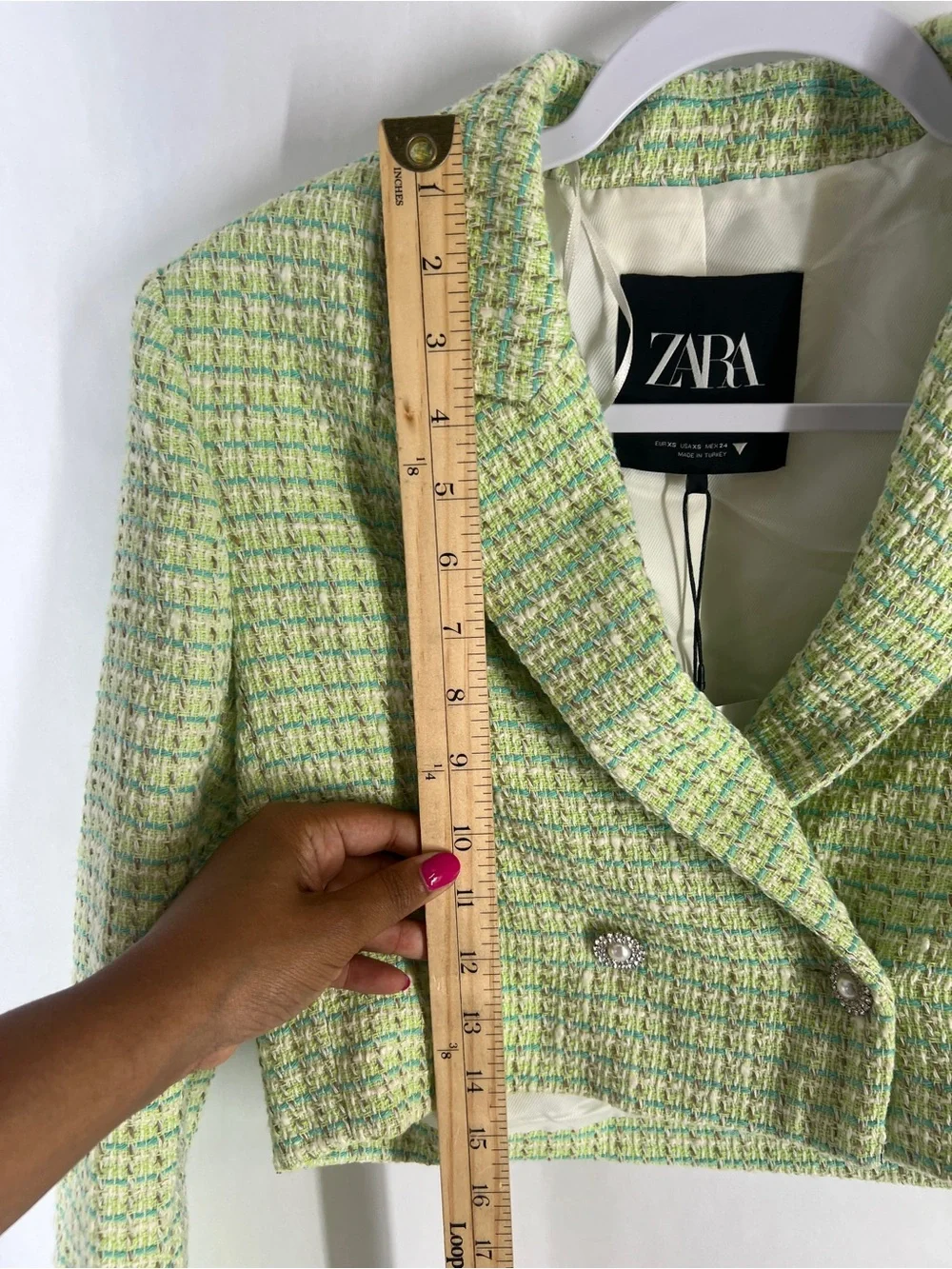 ZARA NWT Green Tweed Cropped Blazer Pearl Buttons Size XS